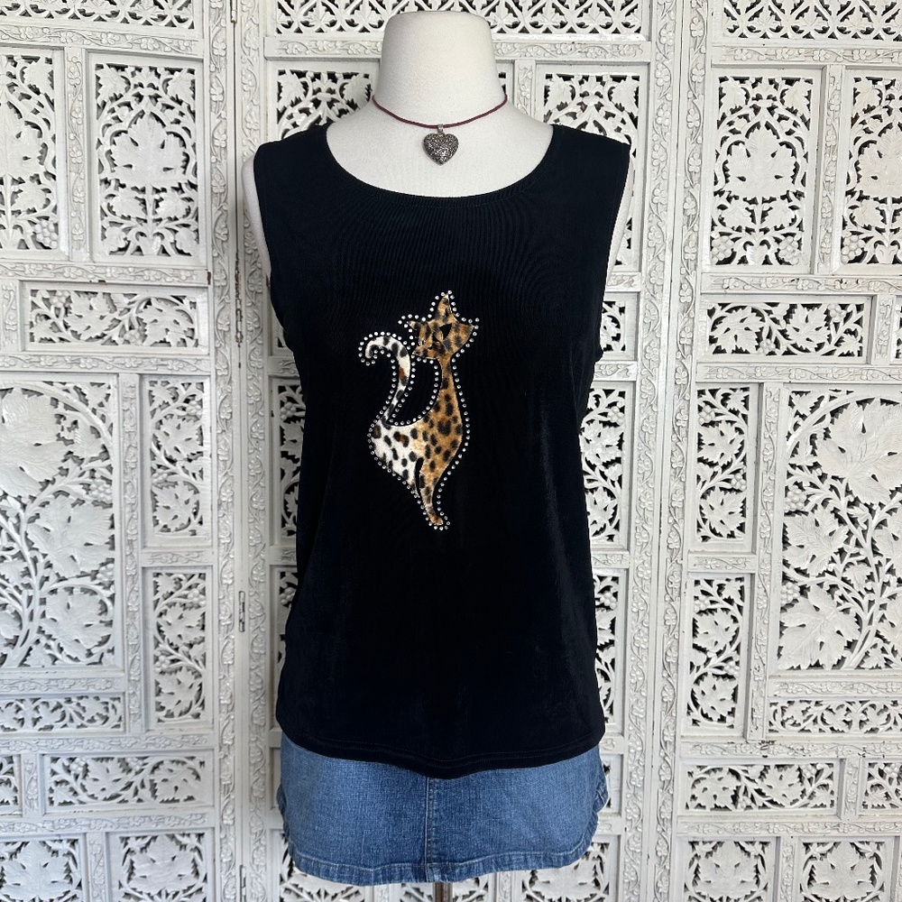 Handmade Retro Black Tank Top With Cheetah Print‎ Appliqué Cat Sz Small